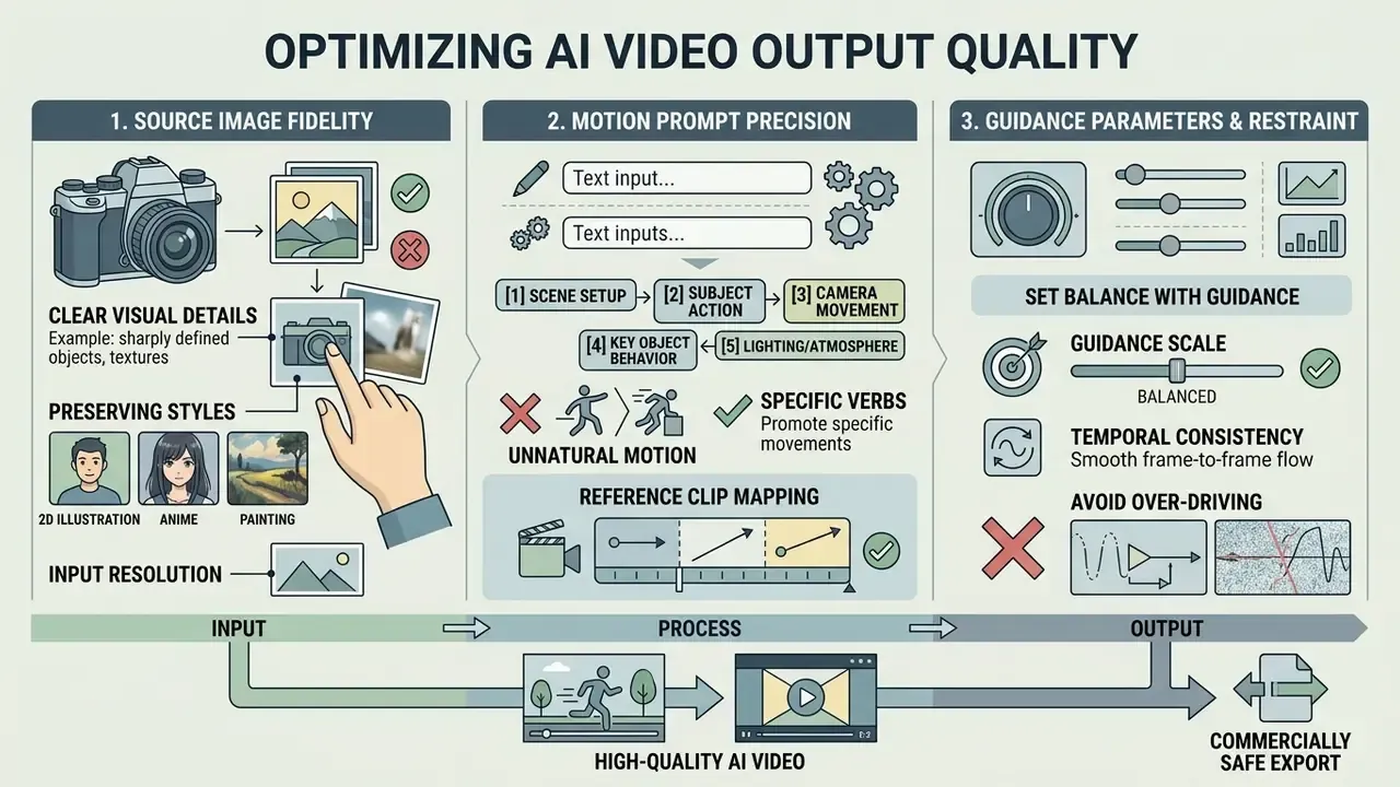 Three-part infographic showing how source image fidelity, prompt precision, and guidance parameters affect results