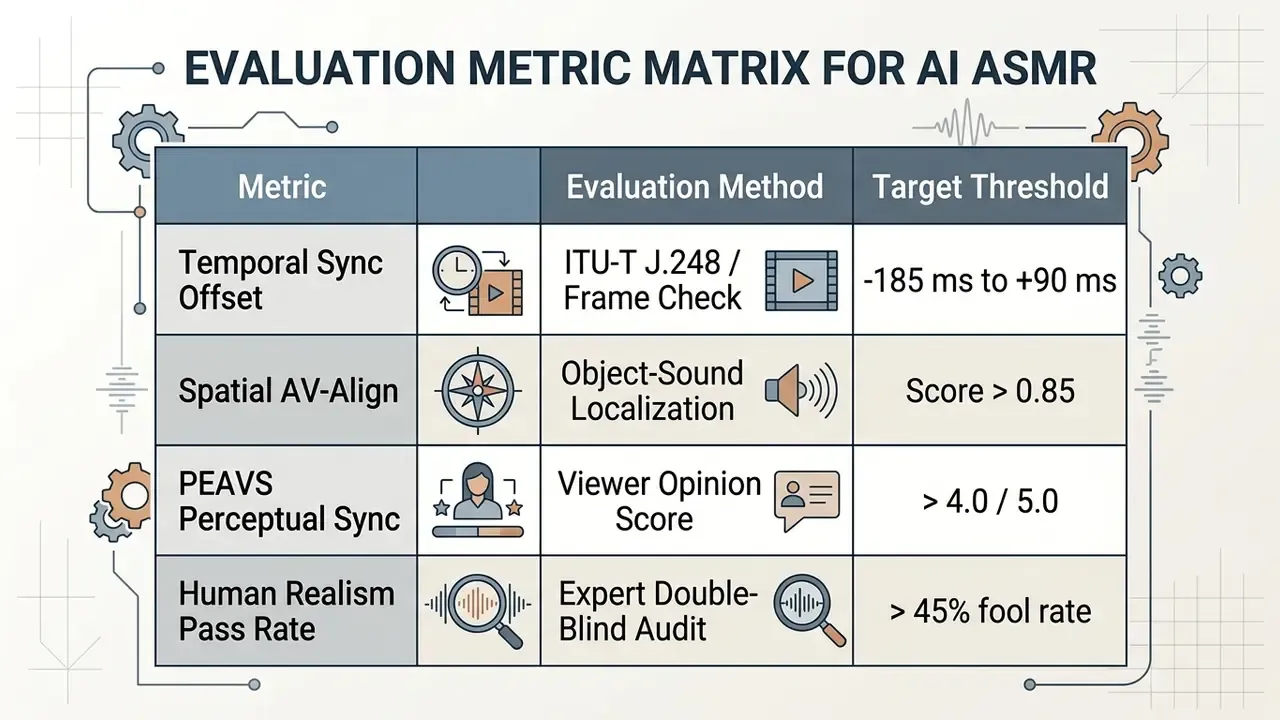 Table listing audio and visual quality metrics, evaluation methods, and target performance thresholds