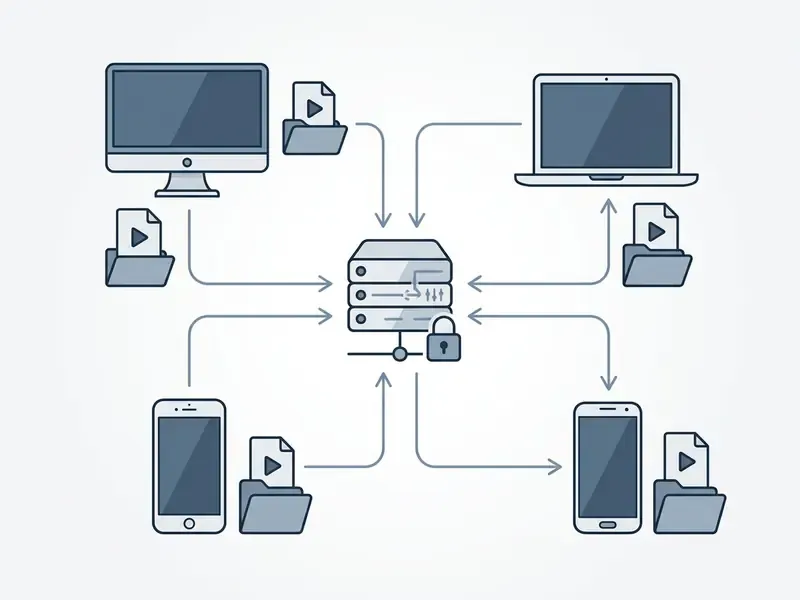Diagram showing devices sending video links to a central server to receive clean files in return