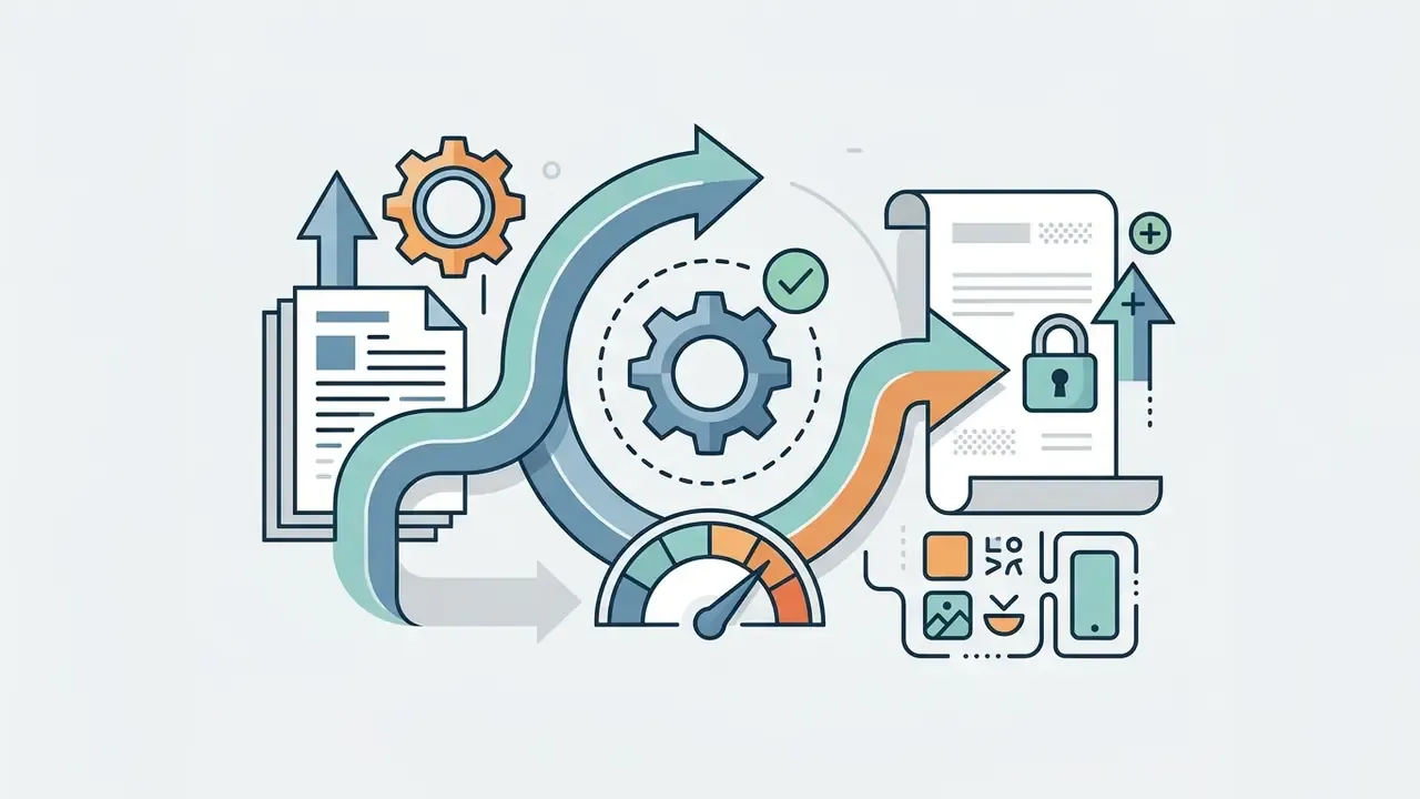 Curved arrows connecting document icons and a gear mechanism to a locked legal contract and UI symbols
