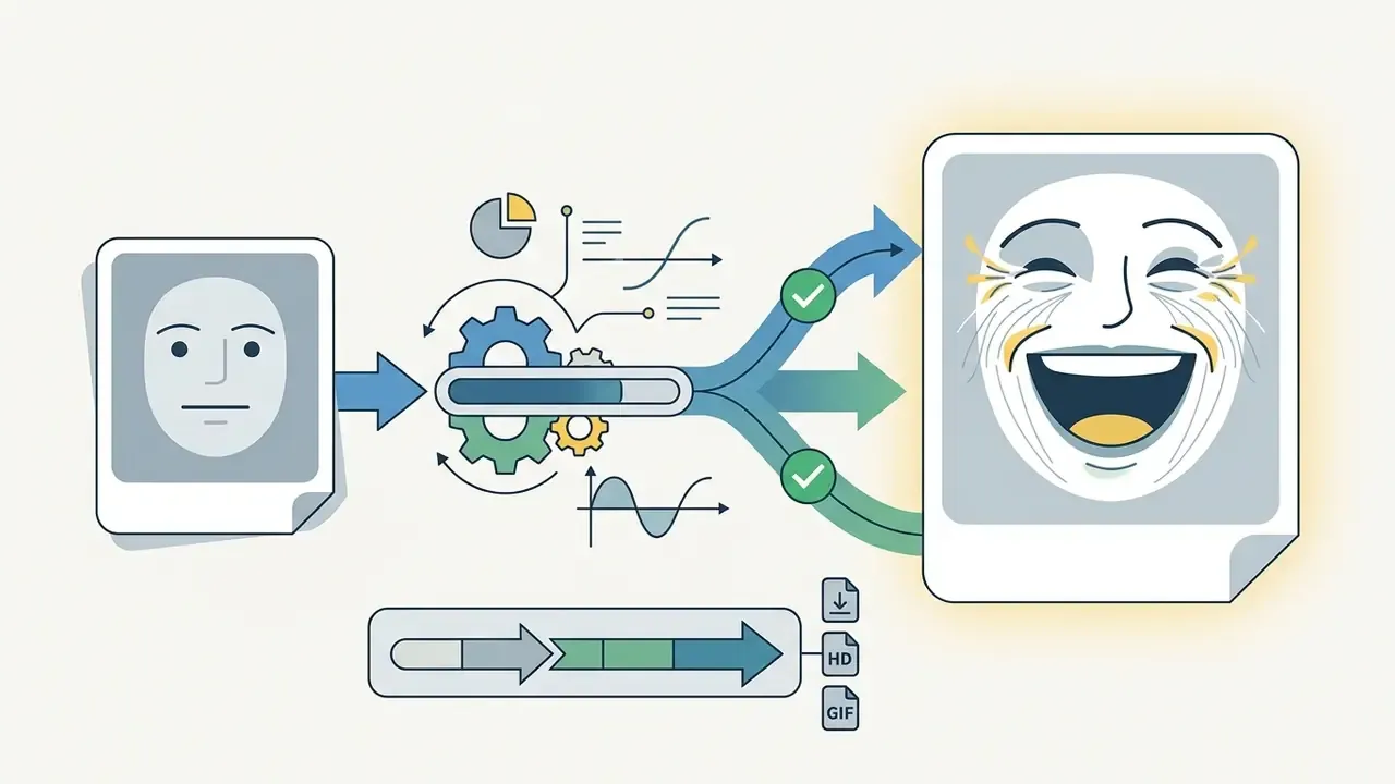 Neutral face processed through gears and data indicators into an open-mouth laughing expression