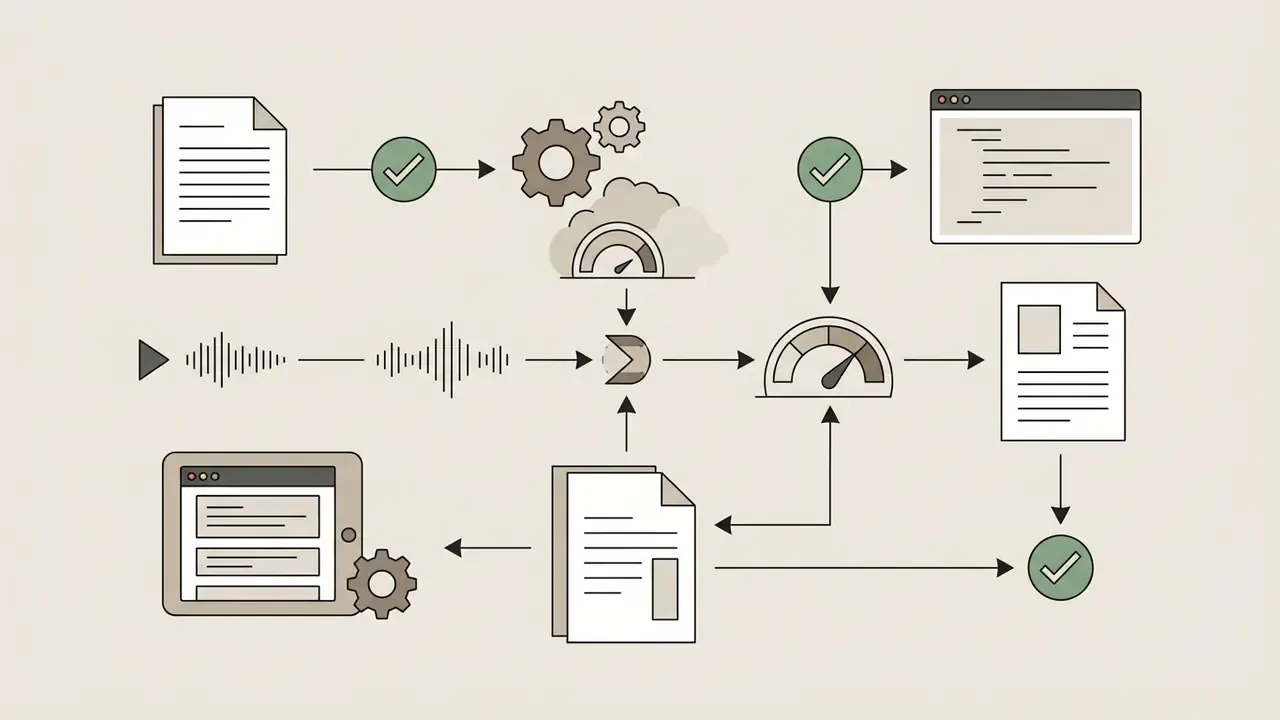 System of icons showing audio and document inputs processed through analysis tools into a final report