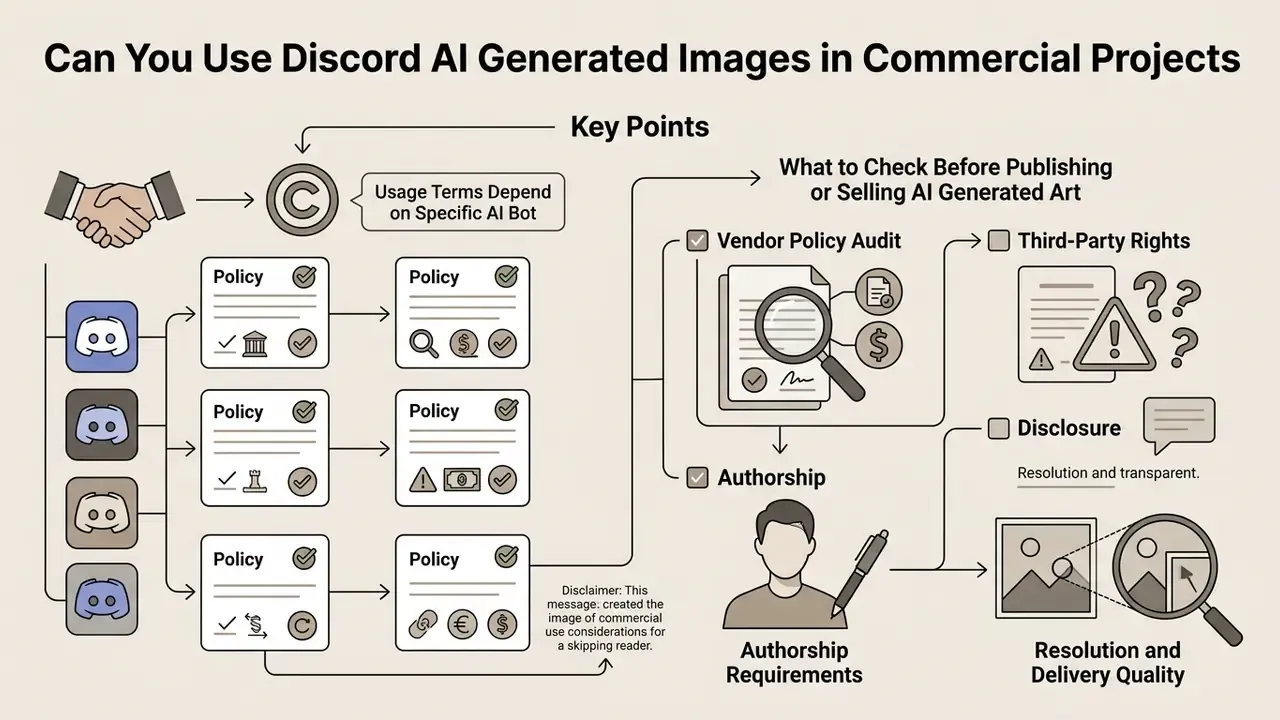 Checklist infographic outlining legal and policy considerations for using AI art in commercial projects