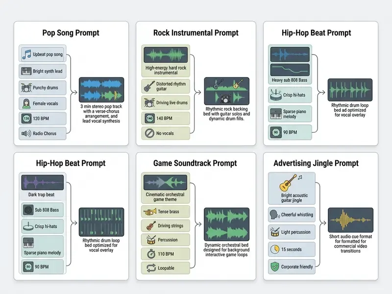 Grid of six cards mapping specific descriptive text prompts to their resulting audio waveform outputs