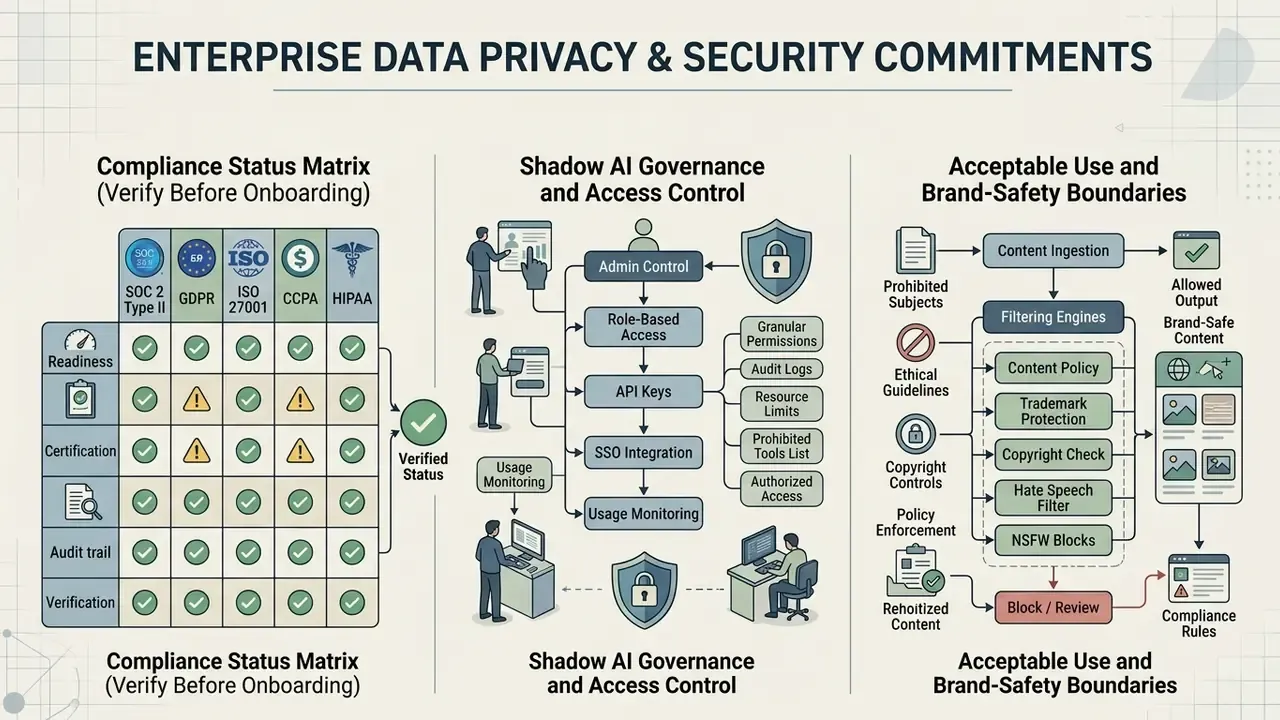 Three-part visual summary of compliance matrices, governance controls, and brand-safety filtering workflows