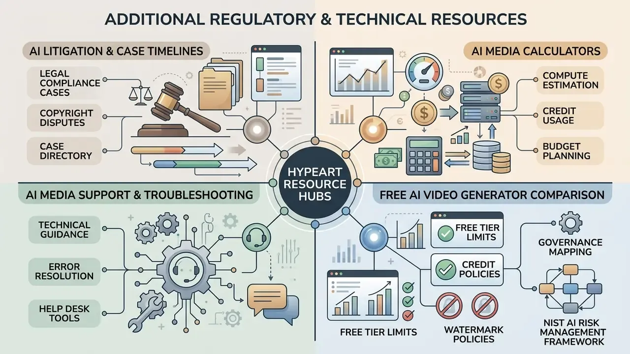 Four-quadrant infographic detailing hubs for legal, financial, technical, and governance resources