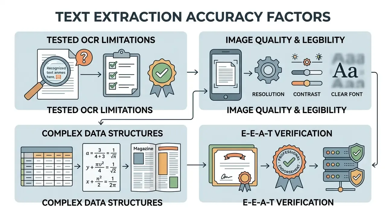 Diagram illustrating factors like image quality, data structures, and verification affecting OCR accuracy