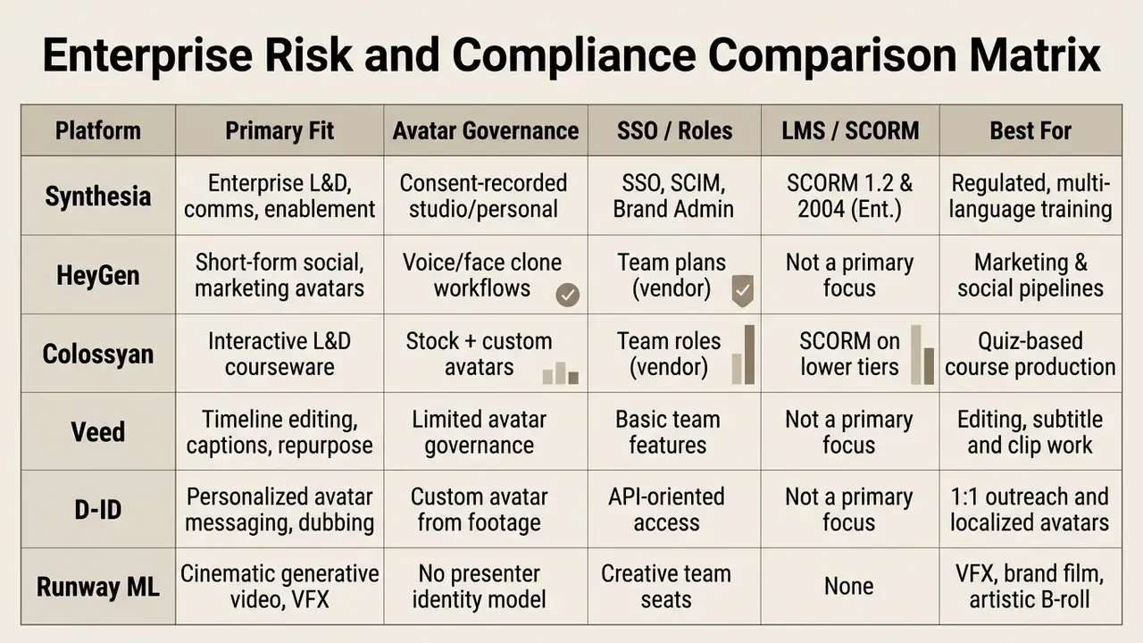 Table evaluating AI video platforms across governance, security, and enterprise learning features