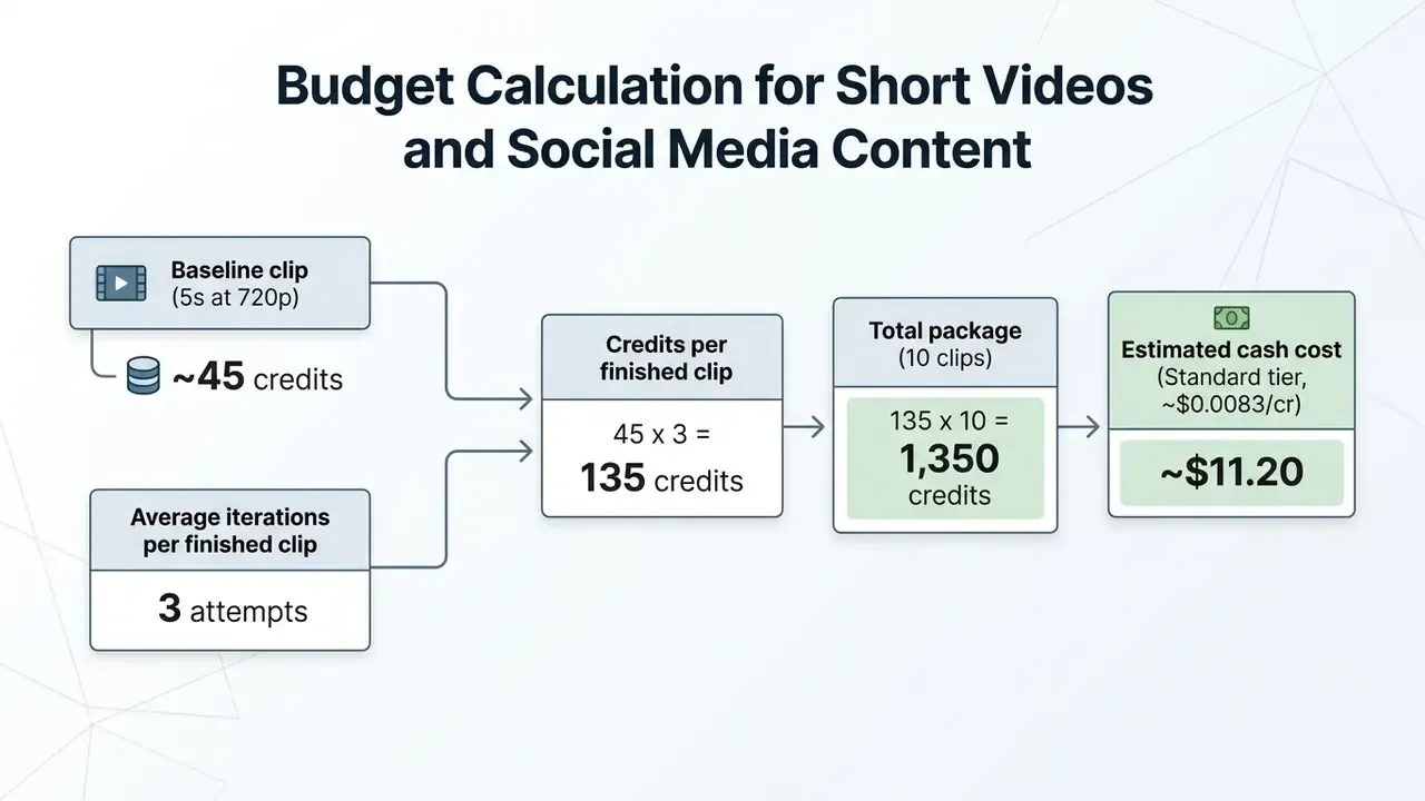 Step-by-step breakdown of PixVerse AI credit consumption and estimated cash costs for video production