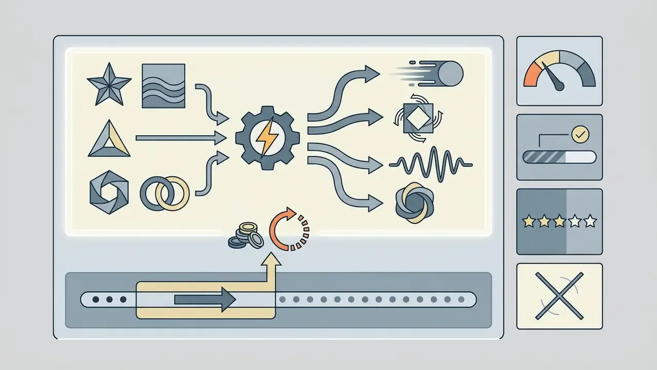Geometric shapes feeding into a central gear to generate motion effects with daily credit limit indicators