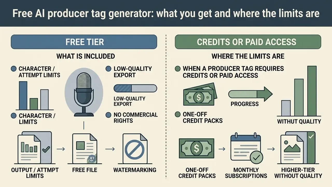 Comparison infographic showing features and restrictions of free versus paid producer tag generator plans