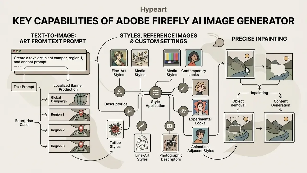 Infographic detailing Adobe Firefly AI features like text-to-image, style references, and inpainting tools
