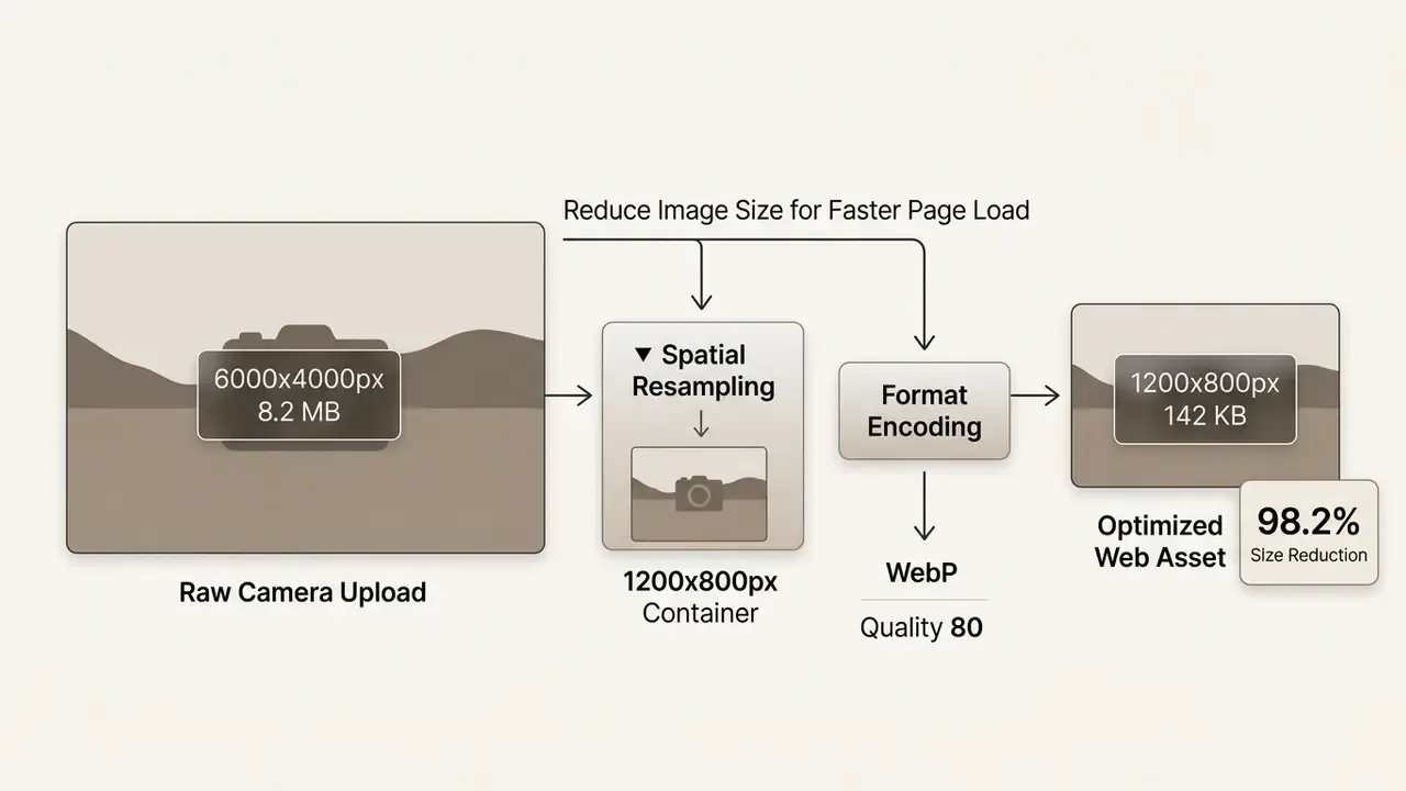 Process flow from a high-resolution raw camera file to an optimized WebP asset with size reduction