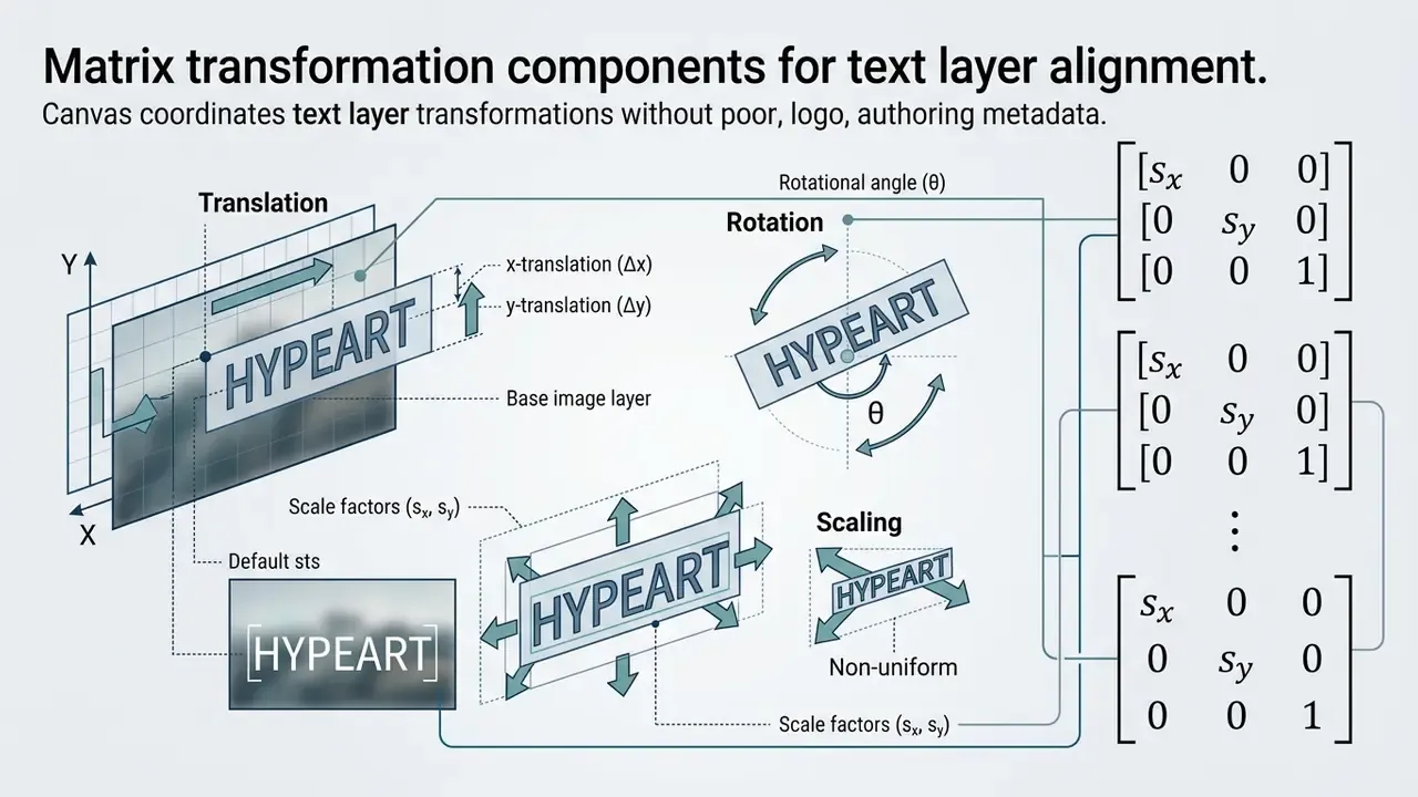 Technical diagram showing translation, rotation, and scaling matrix components for text layer alignment