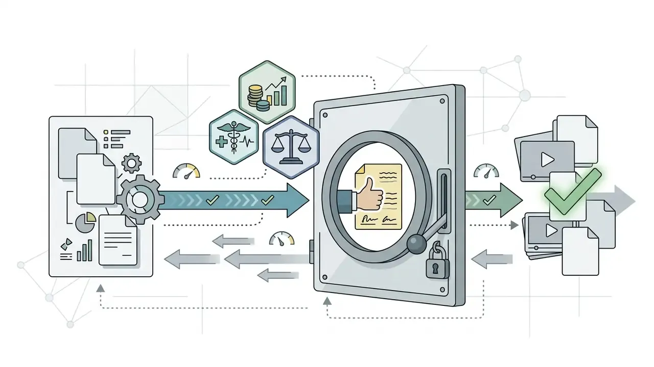 Documents moving through a compliance gate with human sign-off before becoming approved video files