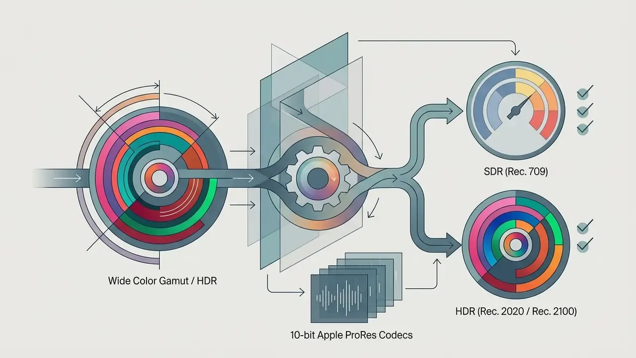 Diagram showing color gamut mapping from wide HDR inputs to SDR and HDR outputs using 10-bit Apple ProRes