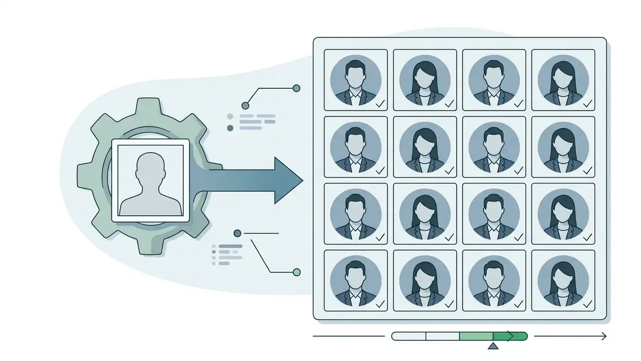 Single portrait being processed through a gear into a uniform grid of professional headshots