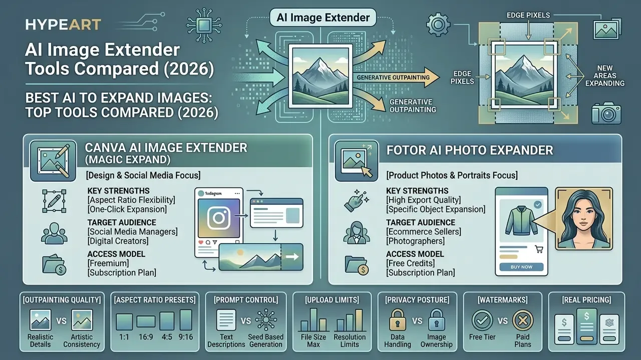 Infographic explaining generative outpainting and comparing Canva and Fotor AI image expansion features