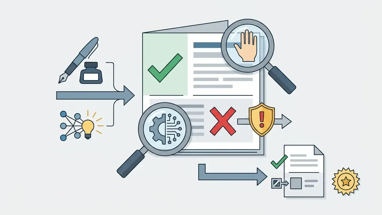 Pen and AI icons feeding into a document reviewed by magnifying glasses to separate human and machine parts