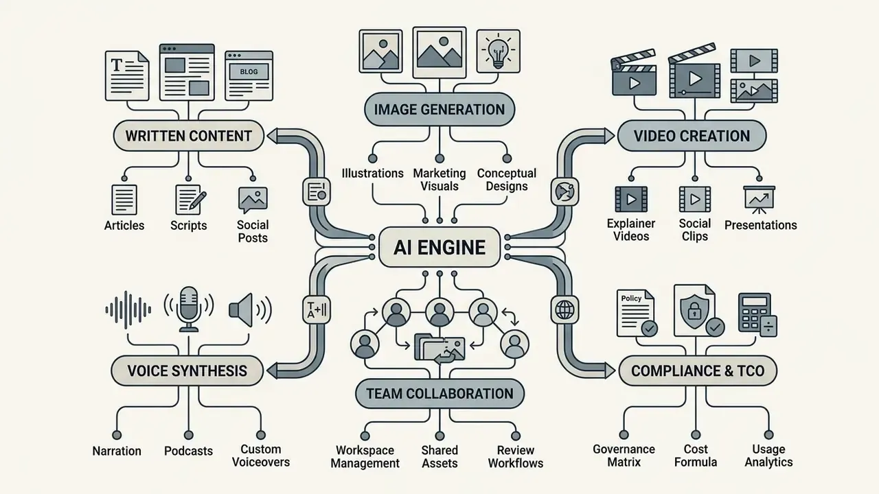 Central AI engine connected to various content creation outputs like text, images, video, and voice