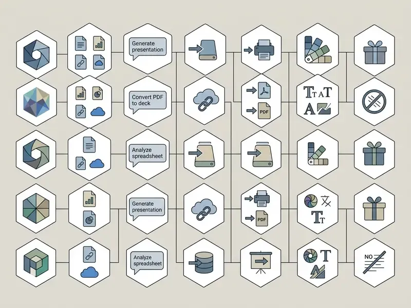 Comparison matrix of software features using hexagonal icons for inputs, processes, and export options