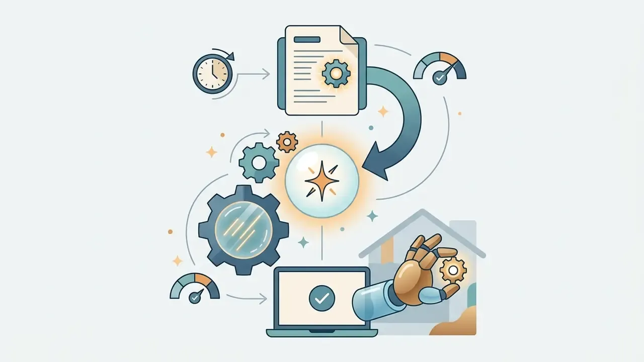 Document and gear icons feeding into a central glowing orb that processes data for a robotic hand