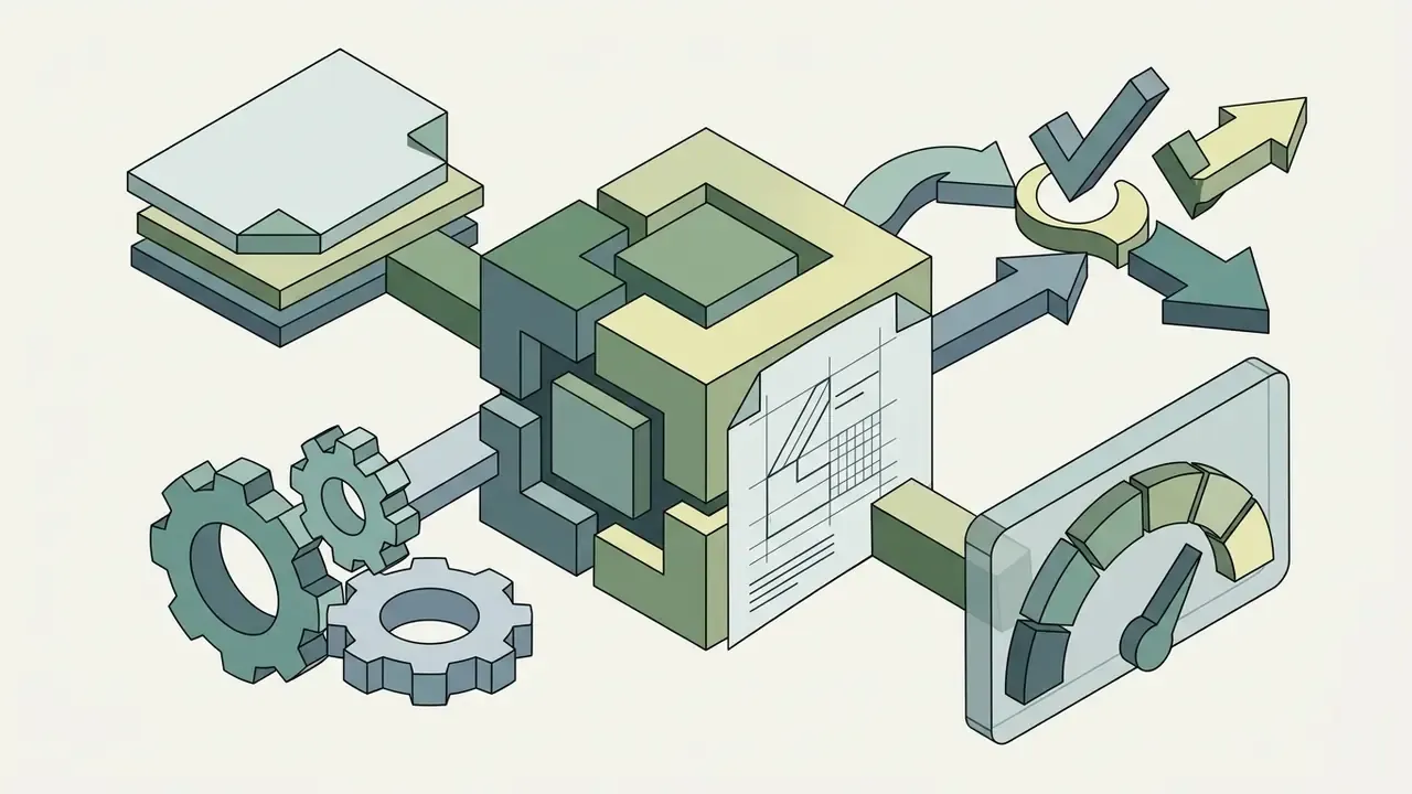 Isometric cube connected to gears, a document, a speedometer, and directional arrows with checkmarks