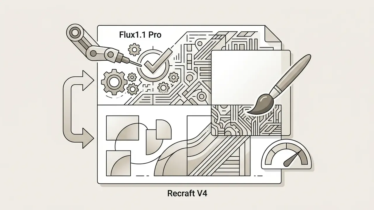 Robotic arm and paintbrush interacting with circuit patterns and geometric shapes on a digital document