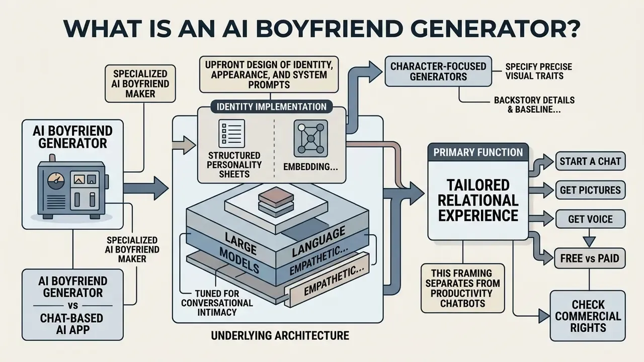 Flowchart detailing the architecture and functions of an AI boyfriend generator software interface