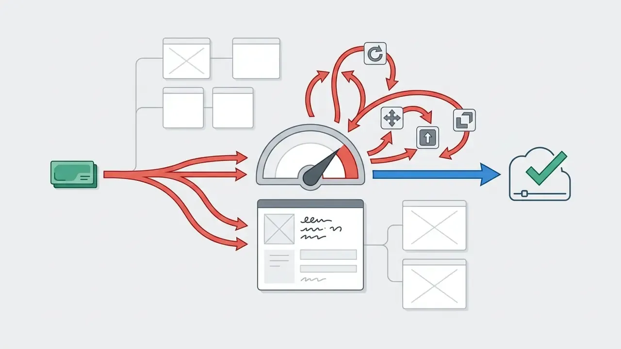 Diagram showing credit consumption draining through repeated video generation and editing tasks