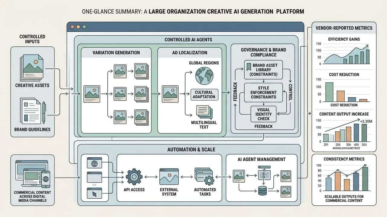 Workflow diagram of an enterprise generative platform showing creative automation and brand governance