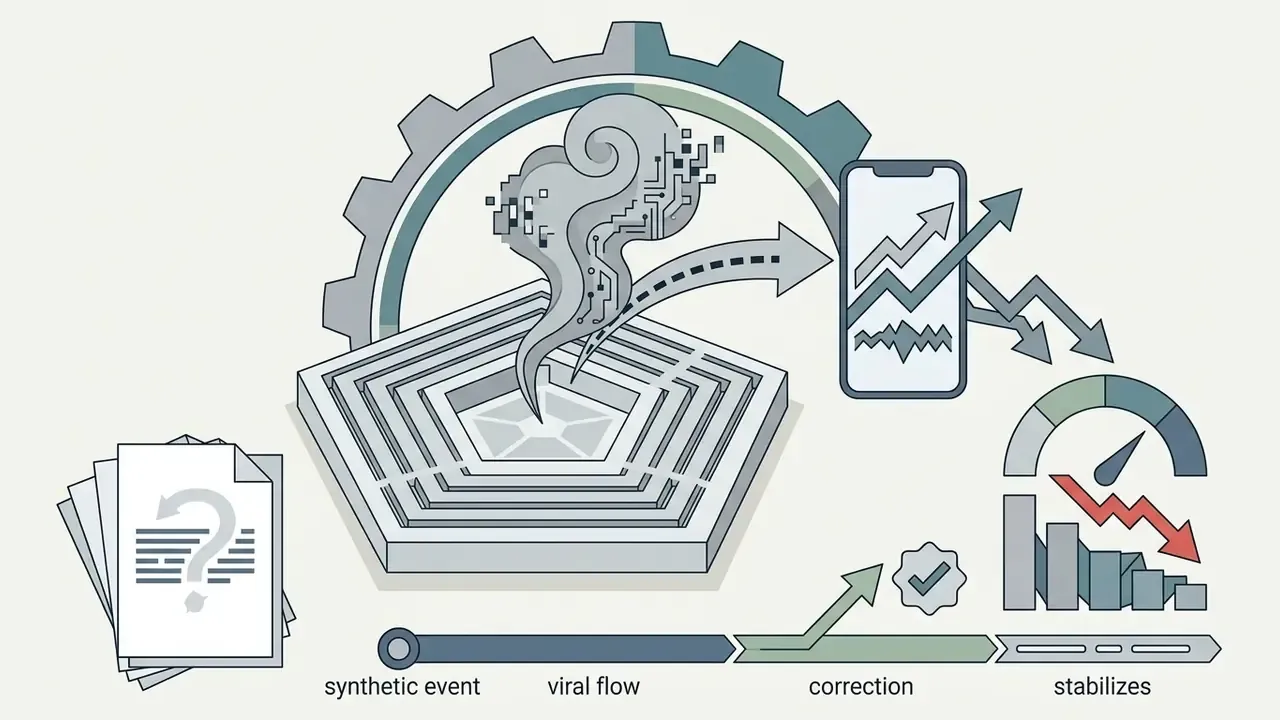 Pentagon shape emitting digital smoke toward a phone stock chart and a stabilization gauge