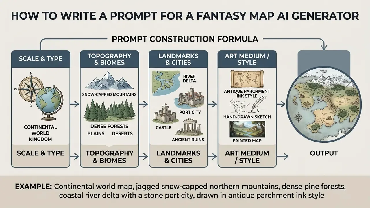 Diagram detailing a four-step formula to build prompts for a fantasy map AI generator