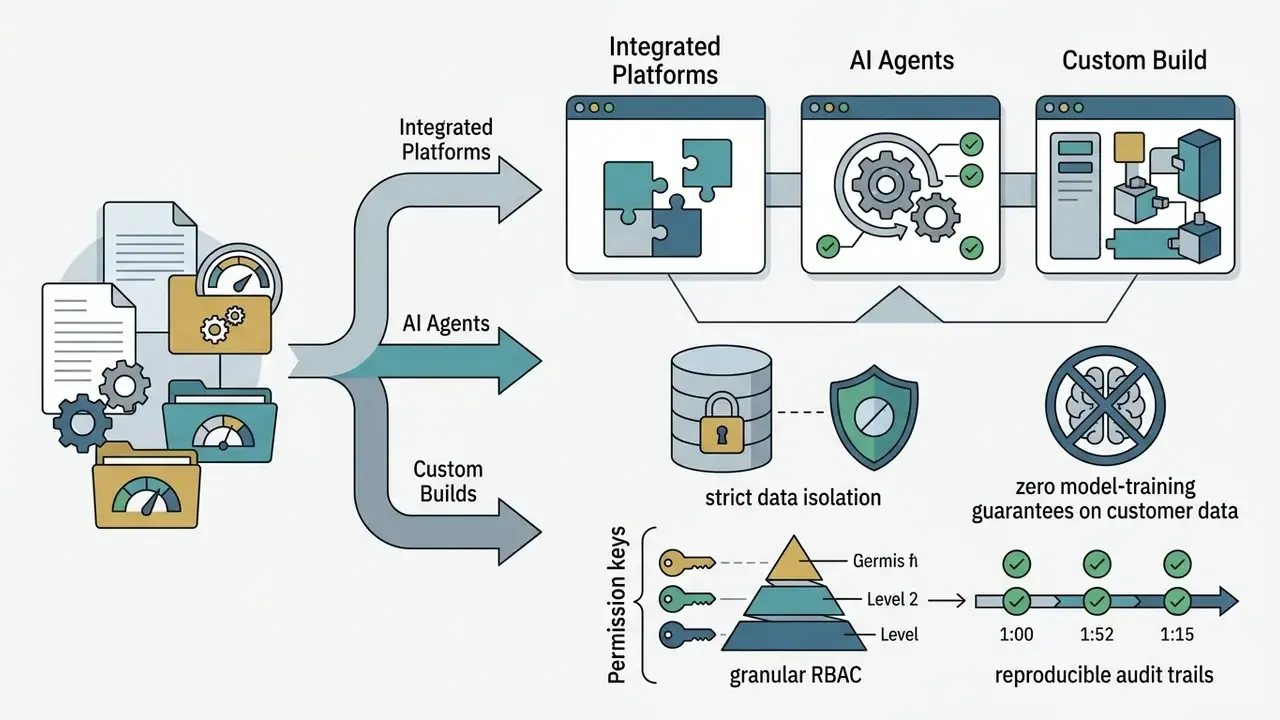 System architecture showing data governance features like isolation, RBAC, and audit trails for AI platforms