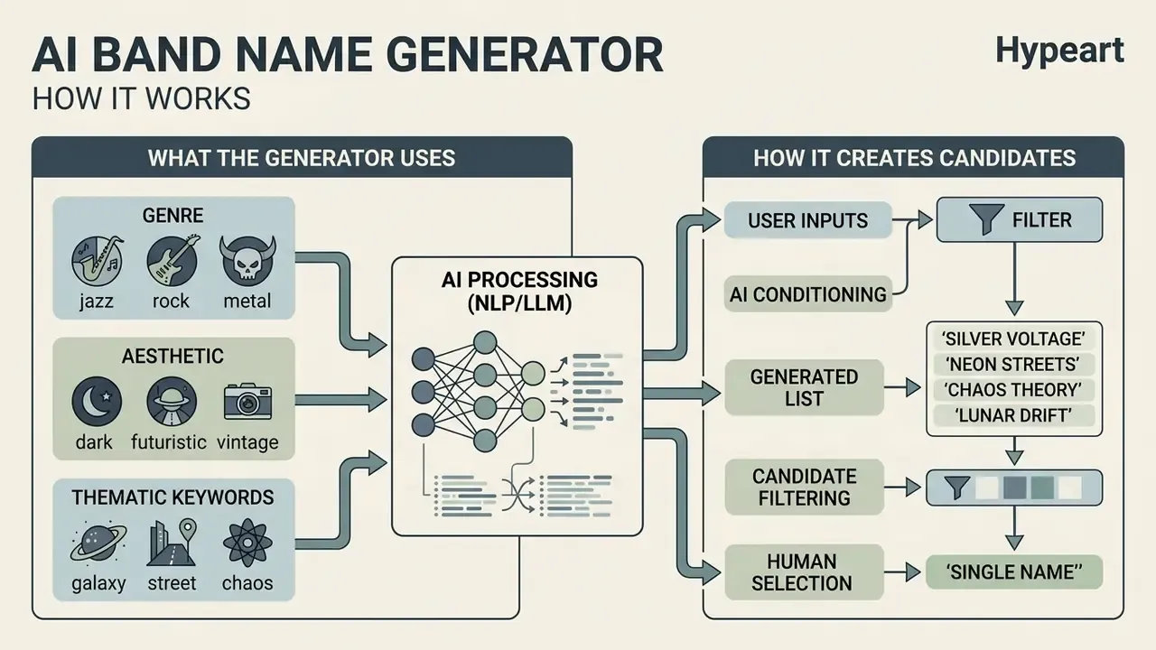 Flowchart showing inputs like genre and aesthetic feeding into AI processing to create band name candidates