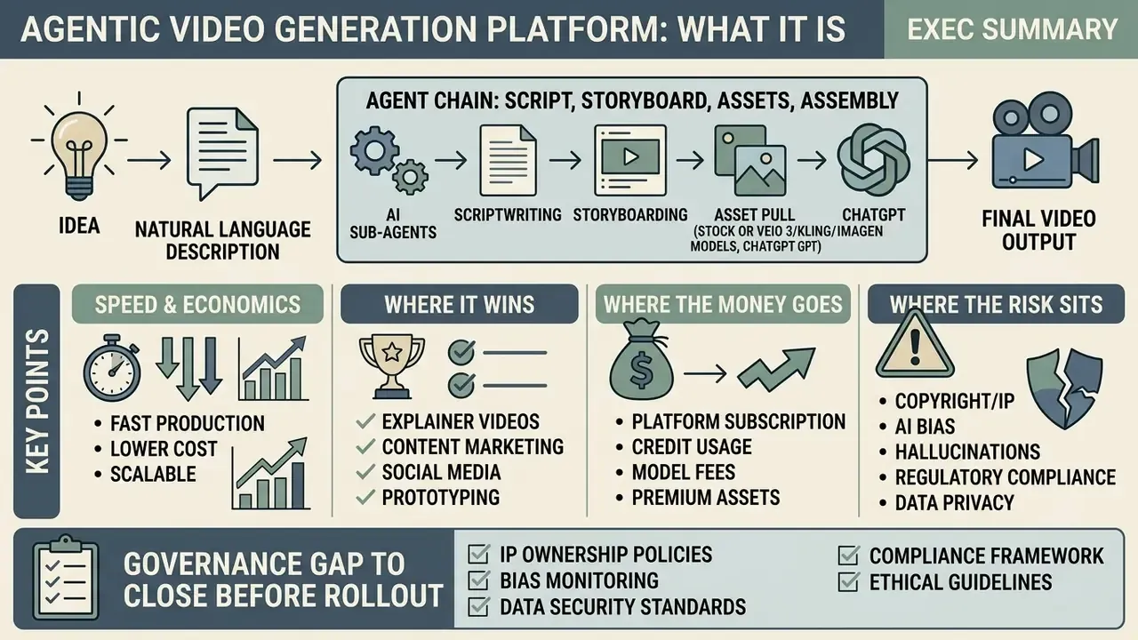 Flowchart showing how an invideo ai video generator uses sub-agents to transform ideas into final videos