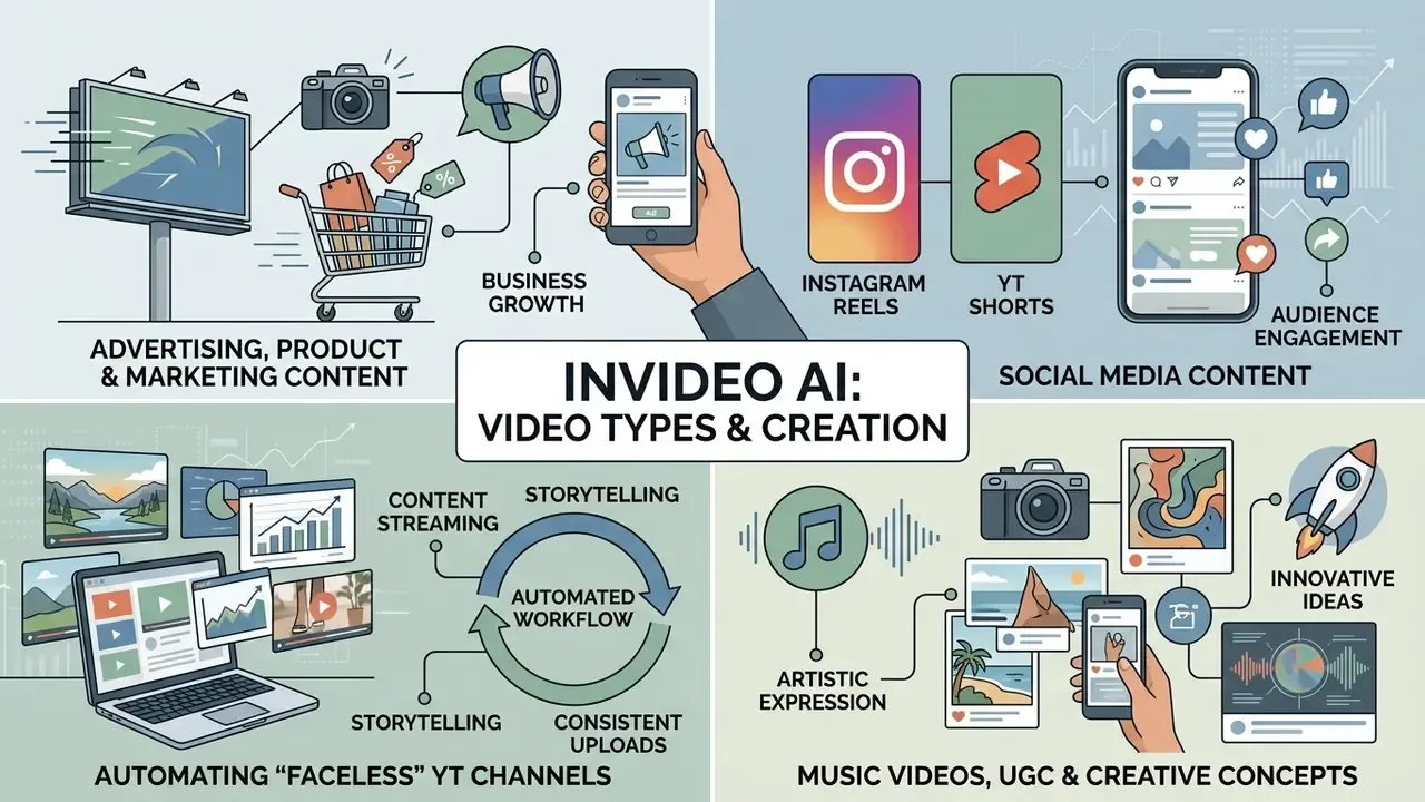 Infographic showing diverse video formats and automated workflows possible with InVideo AI