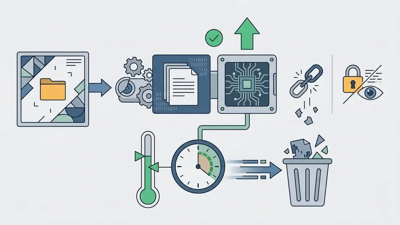 Folder icon feeding into a processor that tracks time and temperature to delete data into a trash bin