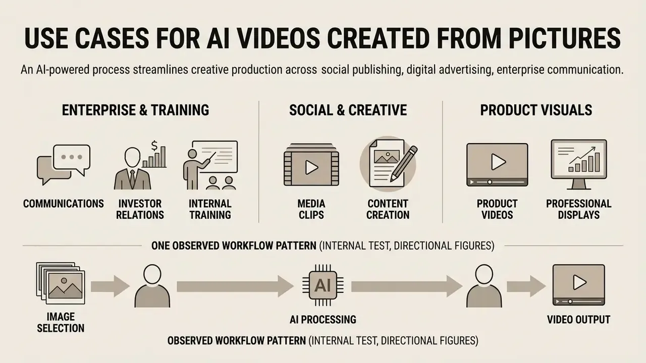 Infographic categorizing professional applications and a linear workflow for generating dynamic media