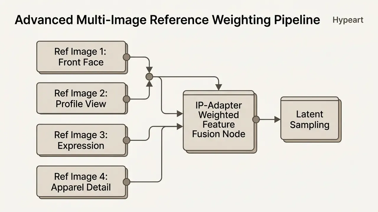 Diagram showing four reference images feeding into an IP-Adapter weighted feature fusion node for sampling