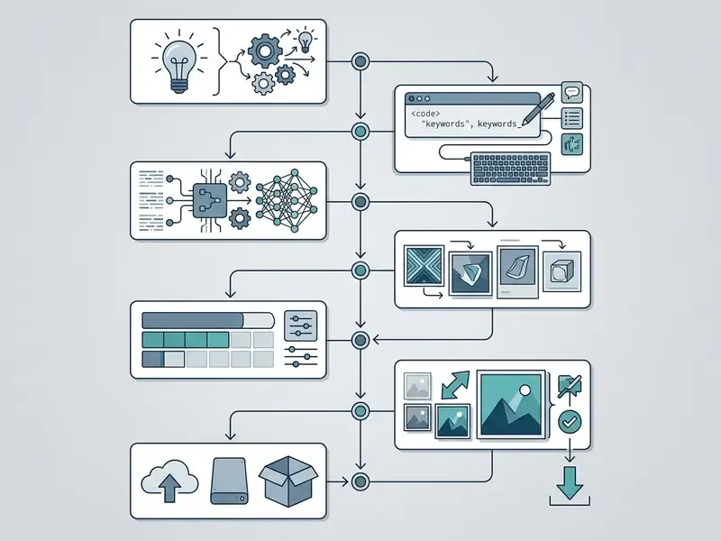 Linear flowchart detailing the seven stages of generating an AI stock image from concept to final export