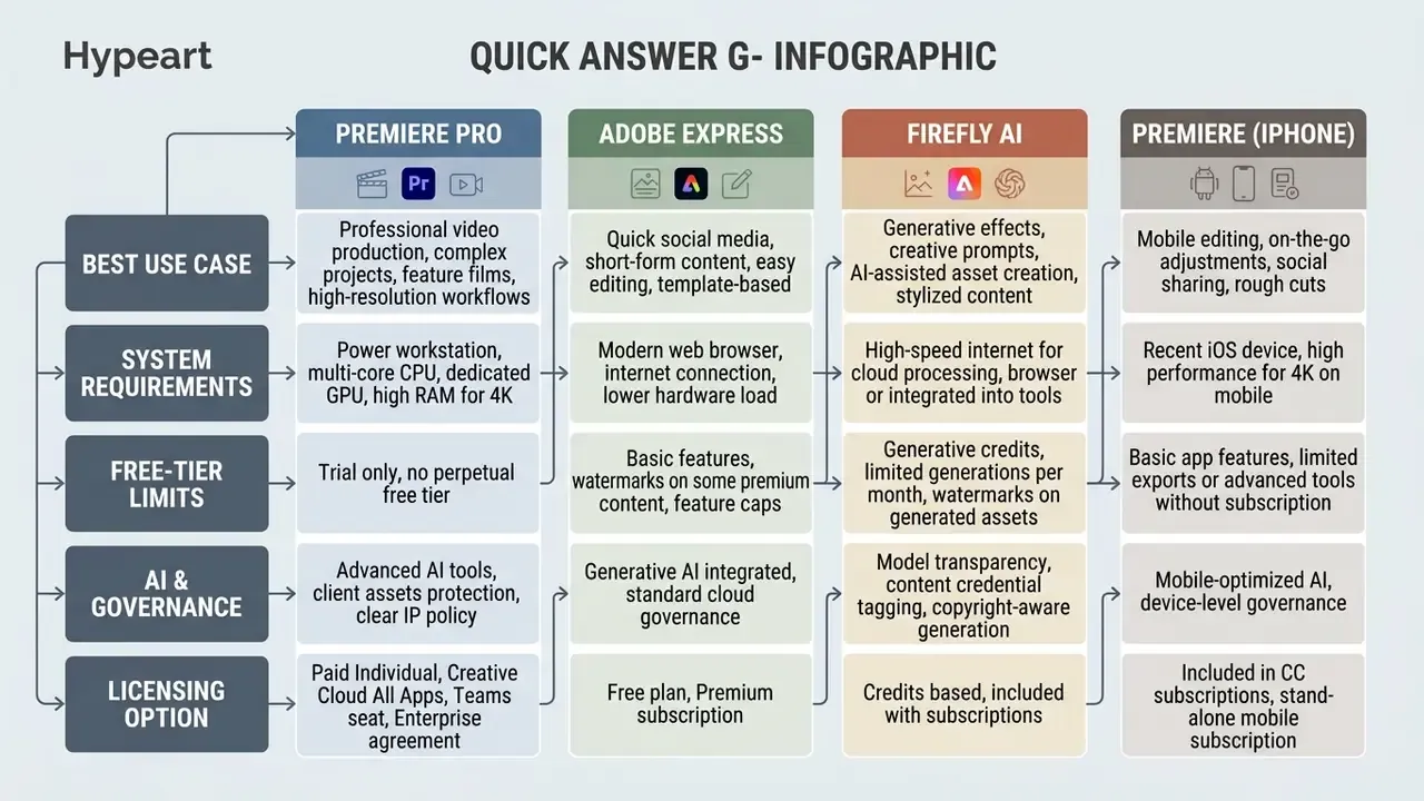 Comparison chart detailing use cases, system requirements, and licensing for Adobe video editor tools