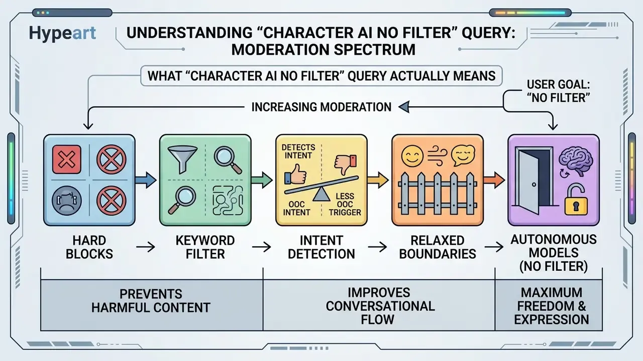 Infographic showing a moderation spectrum for AI chats from hard blocks to autonomous models
