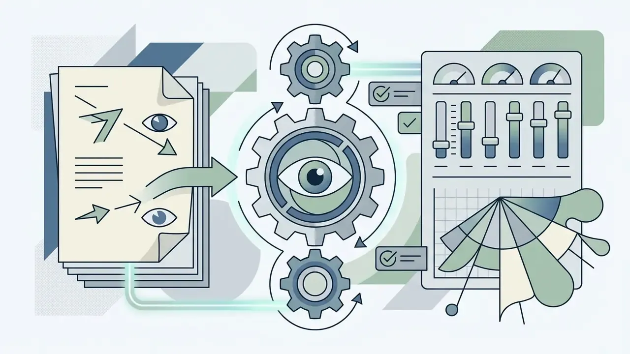 Documents with eye icons and arrows feeding into a central gear mechanism linked to a control panel