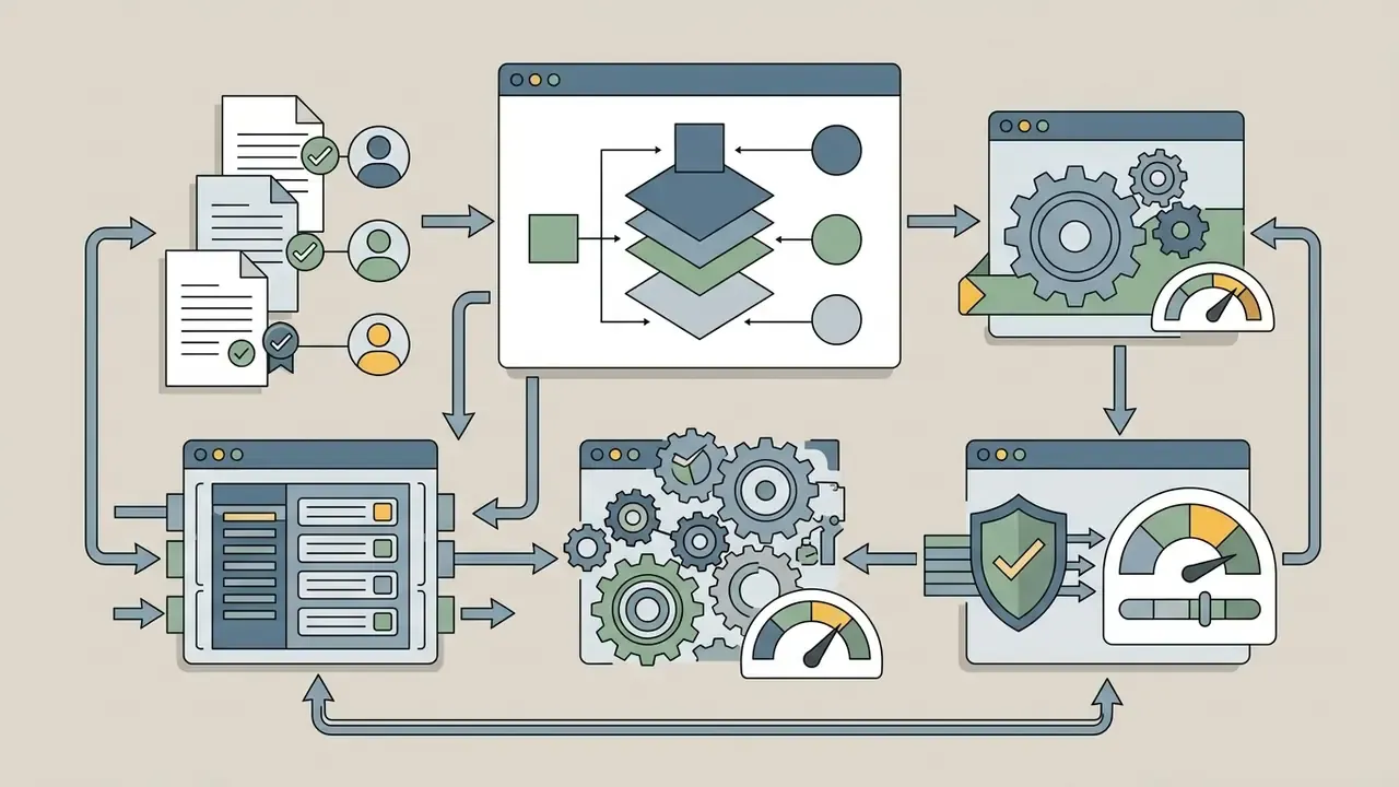 Documents and user icons feeding into a series of windows with gear mechanisms, gauges, and shield symbols