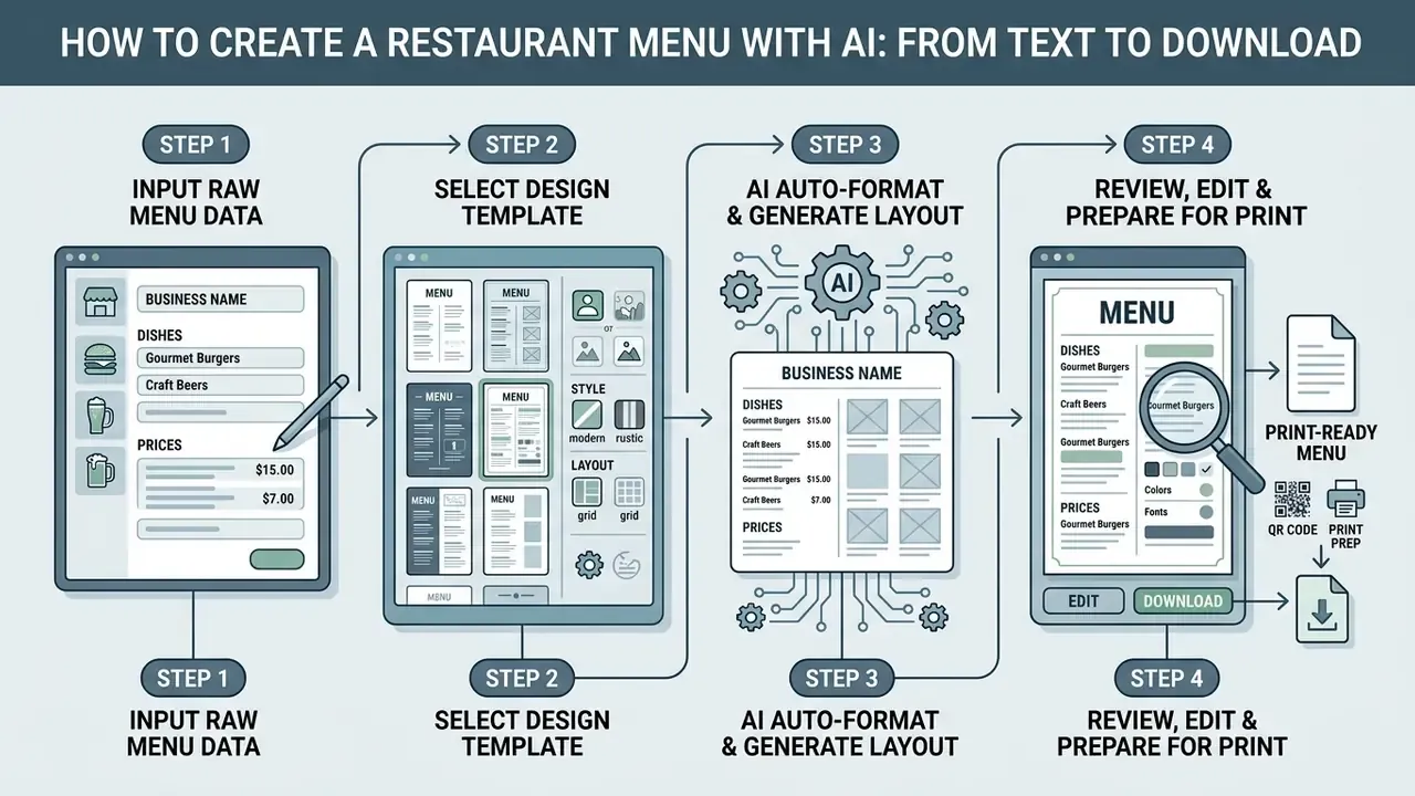 Flowchart showing four steps to design a restaurant menu using an AI menu generator tool