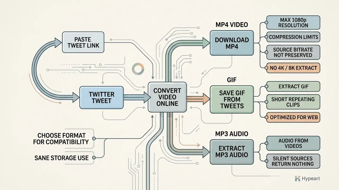 Diagram detailing how a twitter video downloader online processes links into MP4, GIF, or MP3 formats