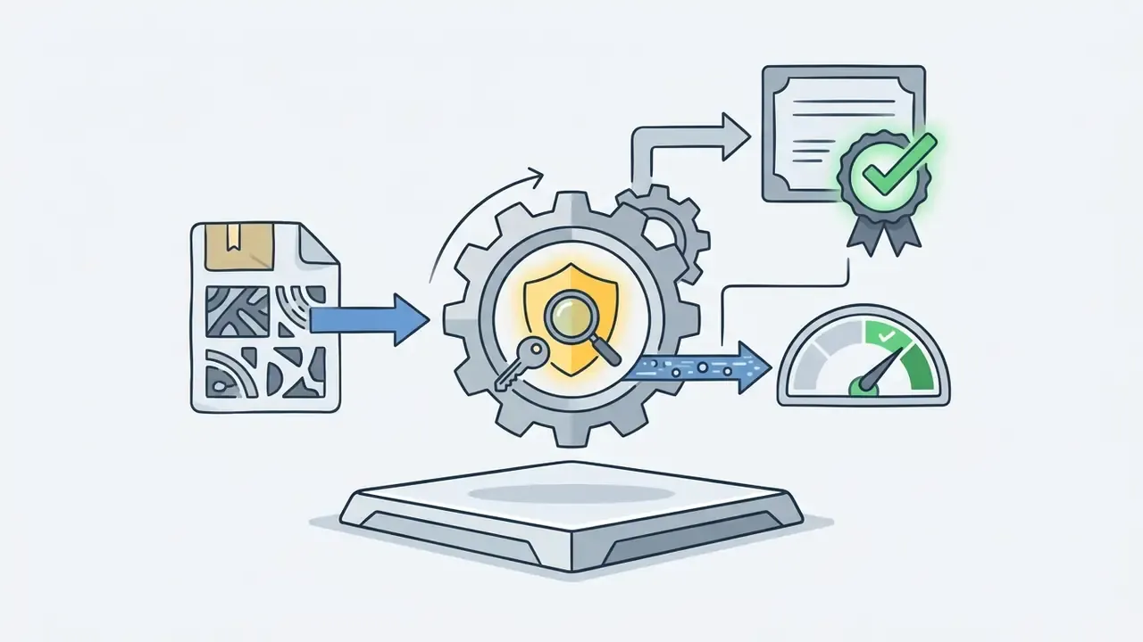 File icon entering a gear mechanism containing a shield and key to produce a certificate and gauge