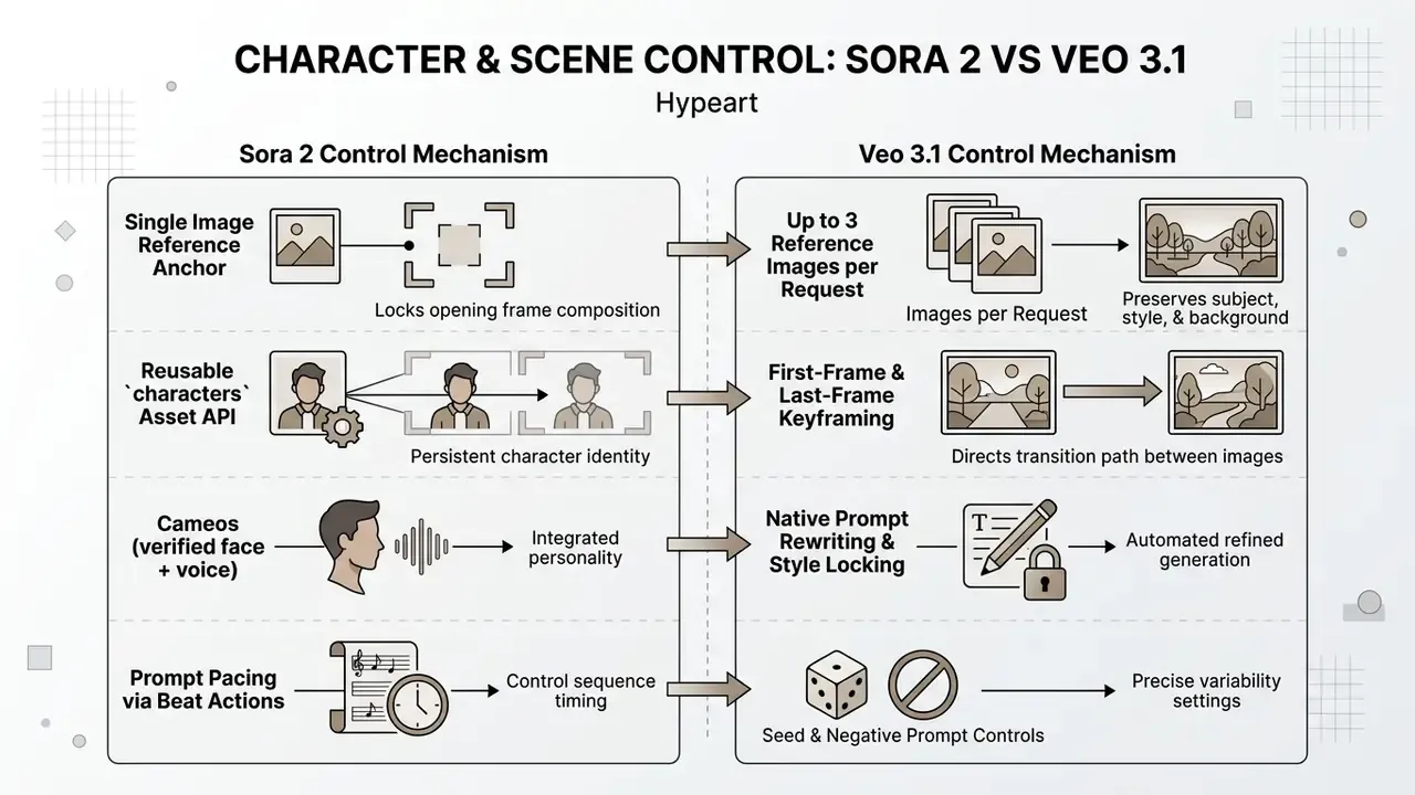 Technical breakdown of video generation workflows highlighting specific control features for each model