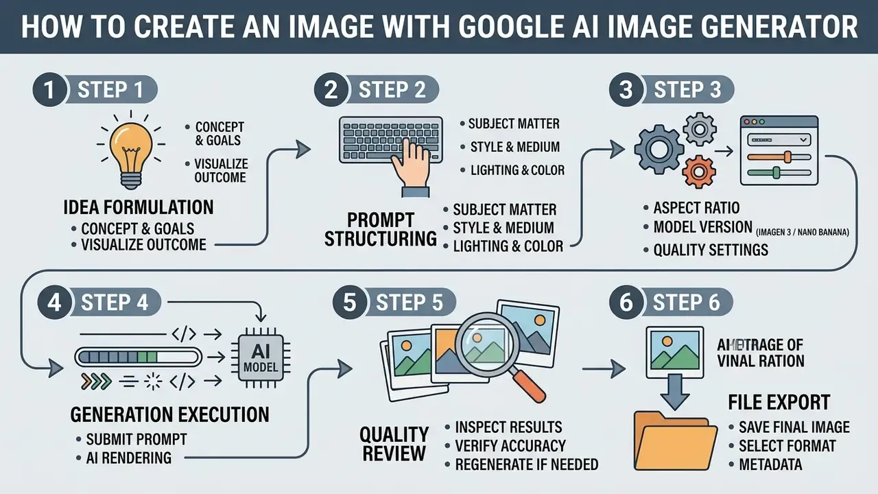 Six numbered steps illustrating the workflow from initial concept and prompt design to final image export